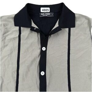 Paul Jones Button Up Polo Shirt Men Fits XS Tag Small Black Gray Stripe VTG Styl